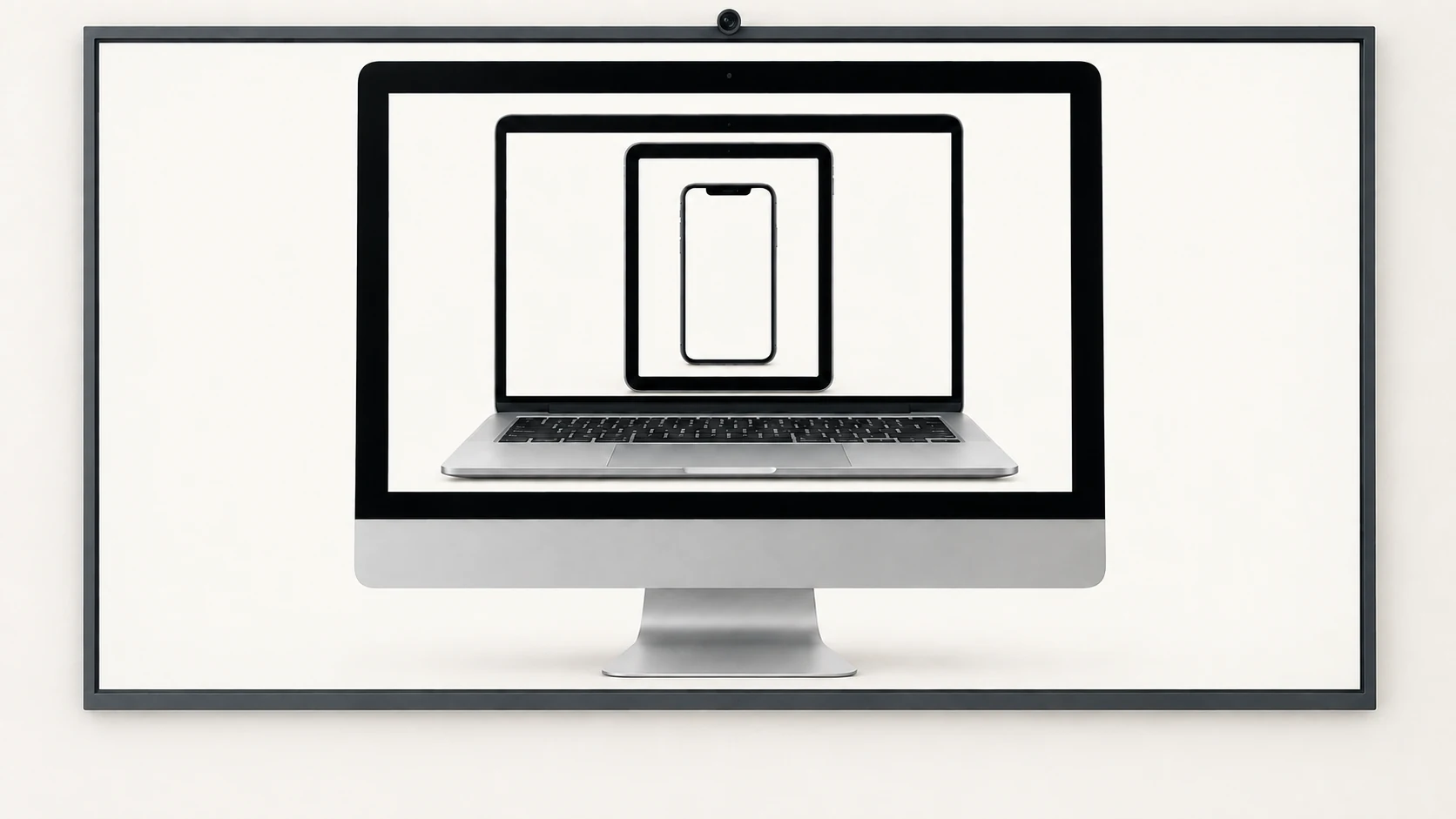 Großer Bildschirm, Desktopcomputer, Laptop, Tablet und Smartphone sind ineinander angeordnet. Ihre Bildschirmflächen sind leer.